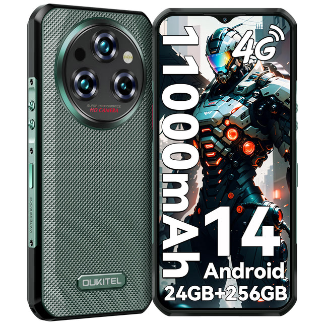 OUKITEL WP35S õuetelefon Android 14-11000mAh õuetelefon ilma lepinguta, 24GB RAM + 256GB ROM/1TB 6.6 tolli, 48MP + 16MP + 8MP öise nägemisega kaamera ehitusplatsi mobiiltelefon, NFC/GPS/sõrmejälg/näotuvastusega, roheline