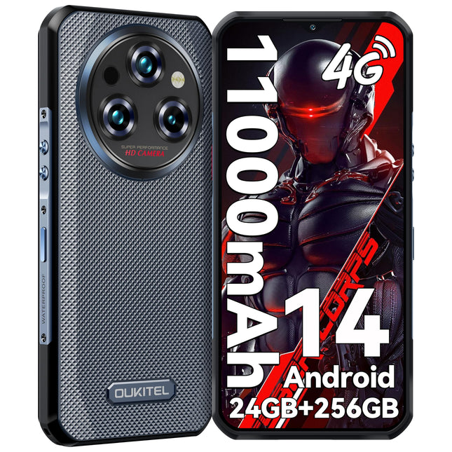 OUKITEL WP35S Outdoor Smartphone Android 14-11000mAh Outdoor Mobile Phone Without Contract, 24GB RAM + 256GB ROM Construction Site Phone, 6.6 inches, 48MP + 16MP + 8MP Night Vision Camera, NFC/GPS/Fingerprint/Face ID, Black