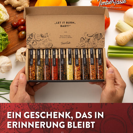 TIMBER TASTE® tšilli- ja vürtsikinkekomplekt meestele ja naistele [KUNI 1 200 000 SCOVILLE'I] – 10-osaline komplekt kõigi vürtsidega – spetsiaalsed tšillikomplektid meestele ja vürtsisõpradele