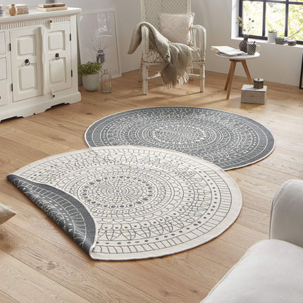 Northrugs Porto Indoor and Outdoor Rug Round – Round Reversible Rug Waterproof Mandala Design Flat Weave Rug Weatherproof for Balcony, Terrace, Garden, Living Room in Grey Cream, ⌀140cm