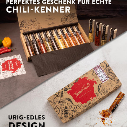 TIMBER TASTE® tšilli- ja vürtsikinkekomplekt meestele ja naistele [KUNI 1 200 000 SCOVILLE'I] – 10-osaline komplekt kõigi vürtsidega – spetsiaalsed tšillikomplektid meestele ja vürtsisõpradele