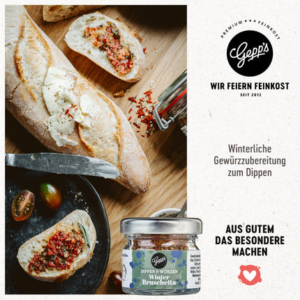 Gepp'i delikatessi jõulukink Häid jõule I Mini 5-osaline jõulukinkide komplekt maitsvate hõrgutistega I Hõõgveinivürtsi, puuviljamäärde, bruschetta dipikastme ja kastmega talvistes väljaannetes
