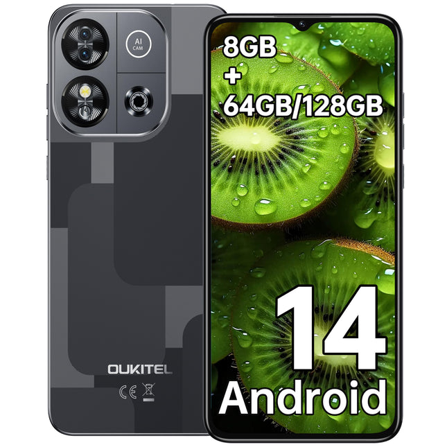 OUKITEL C57S Unlocked Smartphone 2024 - 8GB (2 + 6) + 64GB/1TB 6.52" Display Battery 4300mAh 13MP Octa Core Android 14 4G Dual SIM/Face ID/GPS Black