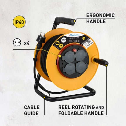 Electraline 49039, Professional kaablirull, H05VV-F 3G2.5 50 m kaabel/kaablirull 4 Schuko pistikupesaga, IP40, kollane