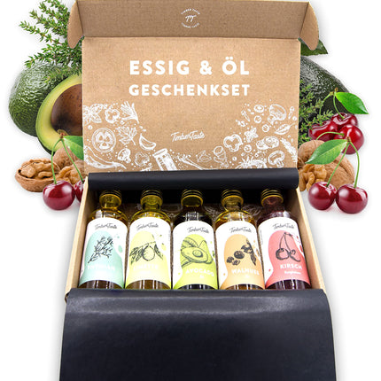 TIMBER TASTE® äädika ja õli kinkekomplekt naistele [ergutav] - 5 suurepärast äädikat ja toiduõli [5x40ml] - toidukarpide komplekt - eriline kinkekomplekt emadepäevaks - emadepäeva kinkekarp emale