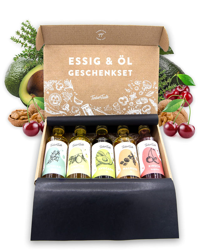 TIMBER TASTE® äädika ja õli kinkekomplekt naistele [ergutav] - 5 suurepärast äädikat ja toiduõli [5x40ml] - toidukarpide komplekt - eriline kinkekomplekt emadepäevaks - emadepäeva kinkekarp emale