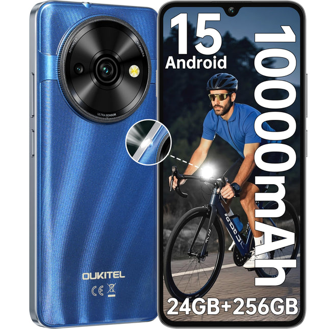OUKITEL C59 Pro lukustamata Android 15.0-24GB+256GB 10000mAh nutitelefon 6.88-tollise 13MP+5MP kaameraga, 120LM taskulambiga, 90Hz ekraaniga, NFC, GPS-iga, kahe SIM-kaardiga 4G lukustamata mobiiltelefonidega, sinine
