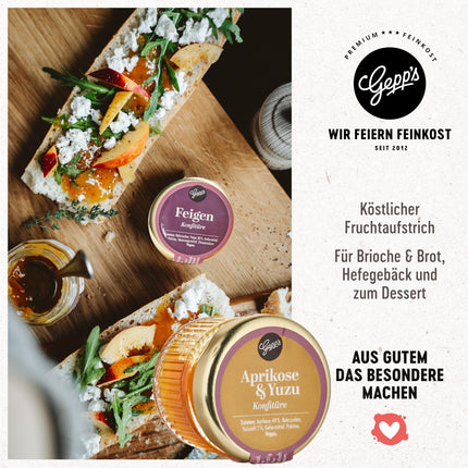 Geppi delikatessi pühapäevahommiku kinkekomplekt | Kinkekomplekt delikatessidega, näiteks aprikoosi ja yuzu ning viigimarjamäärdega | Kingitus delikatessidega täiuslikuks hommikusöögiks