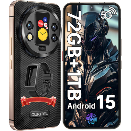 OUKITEL WP200 Pro 5G Outdoor Mobile Phone - Android 15 72GB+1TB Smartphone with SmartWatch, 6.7” AMOLED FHD+ 120 Hz Waterproof Unlocked, 8580mAh/45W, 108MP Camera, 5G Dual SIM/NFC/WiFi 6 - Black