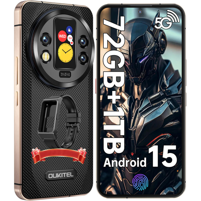 OUKITEL WP200 Pro 5G Outdoor Mobile Phone - Android 15 72GB+1TB Smartphone with SmartWatch, 6.7” AMOLED FHD+ 120 Hz Waterproof Unlocked, 8580mAh/45W, 108MP Camera, 5G Dual SIM/NFC/WiFi 6 - Black