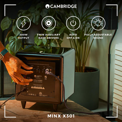 Cambridge Audio Minx X301-300-vatine aktiivsubwoofer lisabassdraiveri ja täielikult reguleeritava heliga - valge
