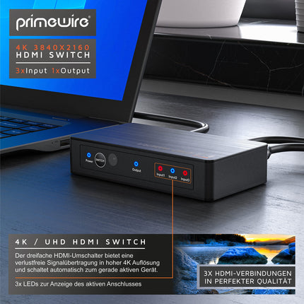 CSL - HDMI 2.0 jaotur 4k 60Hz - 3-pordiline lüliti puldiga - 2.0b Ultra HD 4096x2160 3840x2160 - HDR - 3D-valmis - HDCP - 48-bitine sügavvärv - automaatne vahetamine - toiteplokiga