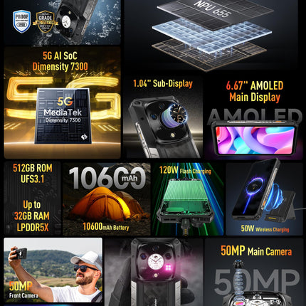 Ulefone Armor 28 Pro välistingimustes kasutatav mobiiltelefon 5G tehisintellektiga nutitelefon 32GB+512GB/SD-2TB, 6.67" FHD+ 120Hz AMOLED+1.04" alamekraan 10600mAh 120W 50MP + 50MP + 50MP + 64MP öönägemine Android 14/3 pesa/OTG/NFC must