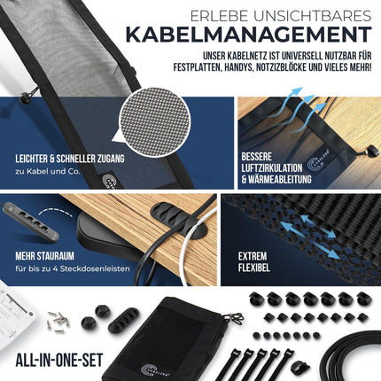 Cable net desk for cable management, flexible cable duct - ideal for cable organization - hide cables under the table, cable holder including cable conduit, black