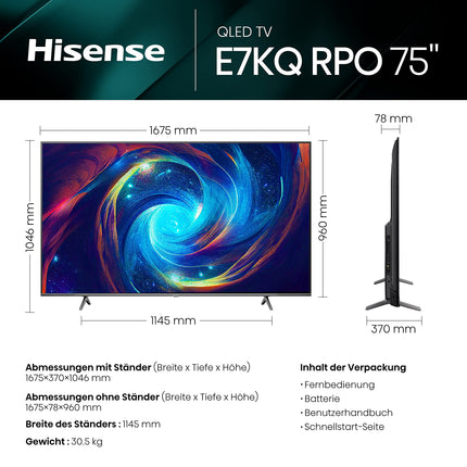 Hisense 75E7KQ PRO 189 cm (75-tolline) televiisor, 4K UHD, QLED, nutiteler, HDR, Dolby Vision IQ, 144Hz (VRR), HDMI 2.1, mängurežiim PRO, kolmekordne tuuner, sisseehitatud Alexa, Dolby Atmos, tumehall [2023]