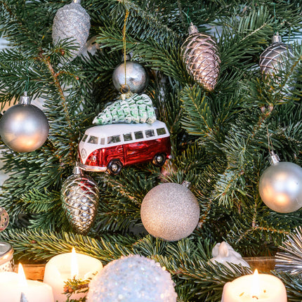 BRISA VW Collection - Volkswagen T1 Bulli Bus Christmas Ornaments &amp; Decorations made of Glass in Gift Box (Scale 1:40, Red with Tree)