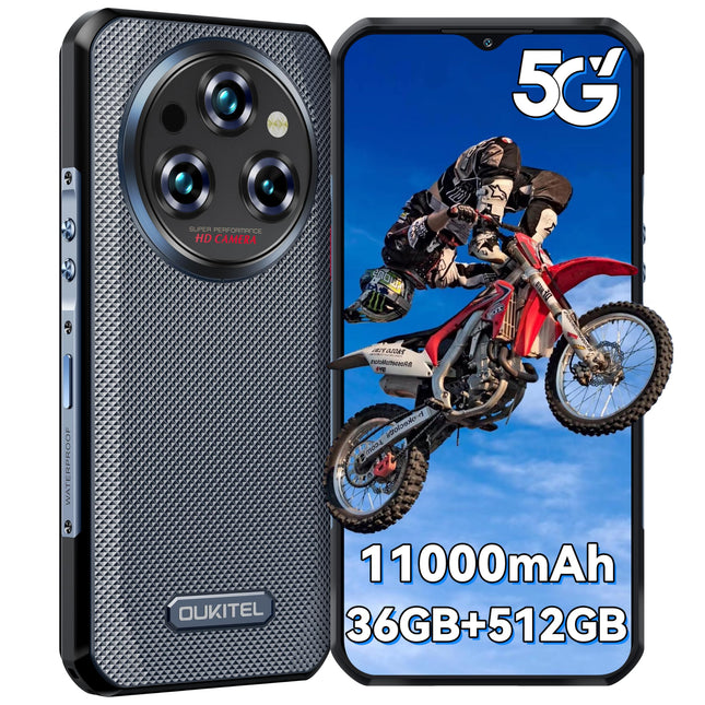 OUKITEL WP35 Pro Outdoor Mobile Phone 5G - 11000mAh Outdoor Smartphone Without Contract Android 14, 36GB RAM + 512GB ROM Construction Site Mobile Phone 6.6 inches, 64MP + 32MP + 8MP Night Vision Camera, NFC / GPS / Fingerprint / Face ID