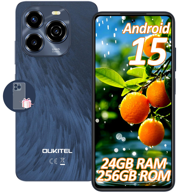 OUKITEL C65 Pro Android 15 nutitelefon, 24GB+256GB/1TB lukustamata nutitelefon, 90Hz, 6.7", 5150mAh, 50MP+8MP kaamera, kahe SIM-kaardi pesa 4G / näotuvastus + sõrmejälg / GPS / OTG / sinine