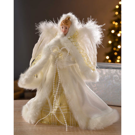 WeRChristmas Angel Christmas Tree Top Decoration with Feather Wings, Fabric, Cream/Gold, 25 cm