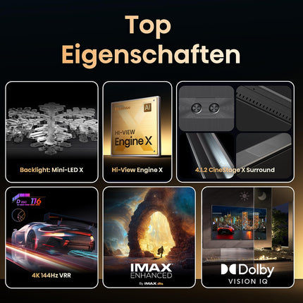 Hisense 85UXKQ 217 cm (85-inch) TV, 4K Mini LED ULED, Smart TV, HDR10+, Dolby Vision IQ, Triple Tuner, 144 Hz (VRR), Airplay, Alexa Built-in, Dolby Atmos, Anthracite (2023)