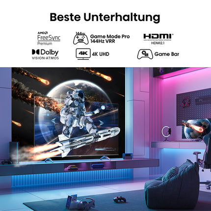 Hisense 65E7KQ PRO 164 cm (65-tolline) televiisor, 4K UHD, QLED, nutiteler, HDR, Dolby Vision IQ, 144 Hz (VRR), HDMI 2.1, mängurežiim PRO, kolmekordne tuuner, sisseehitatud Alexa, Dolby Atmos, tumehall [2023]