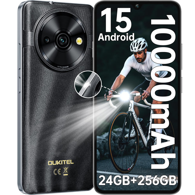 OUKITEL C59 Pro nutitelefon lukustamata Android 15-24GB + 256GB mobiiltelefon ilma lepinguta 10000mAh 6.88 tolli 13MP + 5MP kaamera 120LM taskulamp 90Hz ekraan, NFC, GPS, kahe SIM-kaardiga lukustamata mobiiltelefonid, must