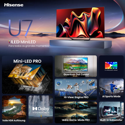 Hisense 65U7NQ 164 cm (65-tolline) televiisor, 4K Mini LED ULED HDR nutiteler, Quantum Dot, 120Hz/144Hz VRR, HDMI 2.1, Game Mode Pro, Dolby Vision IQ ja Atmos, Bluetooth, sisseehitatud Alexa, antratsiithall, [2024]