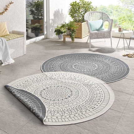 Northrugs Porto Indoor and Outdoor Rug Round – Round Reversible Rug Waterproof Mandala Design Flat Weave Rug Weatherproof for Balcony, Terrace, Garden, Living Room in Grey Cream, ⌀140cm