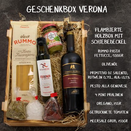 Itaalia kinkekomplekt "Verona" | Kinkekorv veini, Itaalia hõrgutiste ja peene puidust karbiga | Kinkekorv naistele ja meestele sünnipäevadeks, jõuludeks