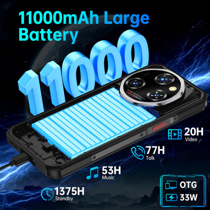 OUKITEL WP55 Android 15, lepinguta õuetelefon - 11000mAh õuenutitelefon 5G 36GB+256GB/2TB veekindel mobiiltelefon, 6,6" FHD+ ehitusplatsi telefon, 108MP+32MP kaamera, kahekordne 5G SIM/IP68/NFC/Face ID must