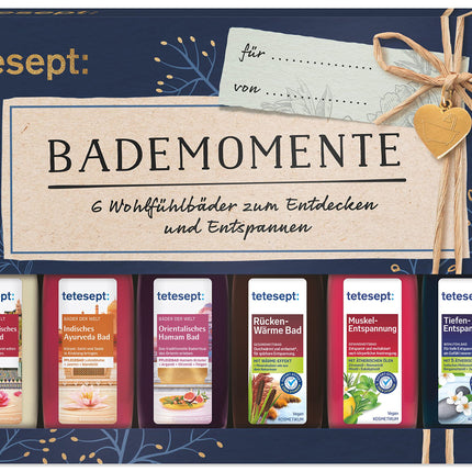 tetesept vannikomplekt "Hellitushetked" – vanniessentsi näidiskomplekt kinkekaardiga – ideaalne kingitus igaks sündmuseks – 1 x vannikomplekt (6 x 20 ml)