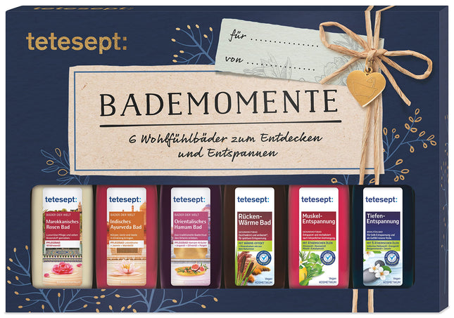 tetesept vannikomplekt "Hellitushetked" – vanniessentsi näidiskomplekt kinkekaardiga – ideaalne kingitus igaks sündmuseks – 1 x vannikomplekt (6 x 20 ml)