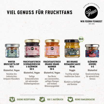 Gepp'i delikatessi jõulukink Häid jõule I Mini 5-osaline jõulukinkide komplekt maitsvate hõrgutistega I Hõõgveinivürtsi, puuviljamäärde, bruschetta dipikastme ja kastmega talvistes väljaannetes