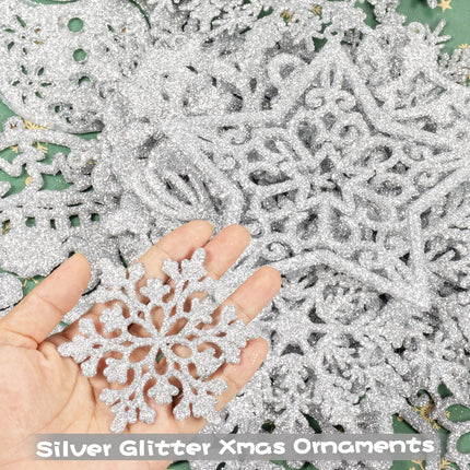Christmas Tree Decoration Hanging Ornaments - 42 Pieces Silver Glitter Snowman Reindeer Santa Claus Snowflake Ornaments for Christmas Holiday Wonderland Party Supplies