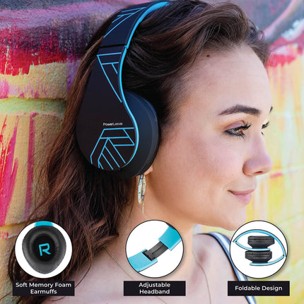 PowerLocus juhtmevabad kõrvaklapid, Bluetooth-kõrvaklapid mikrofoniga, kokkupandavad, pehmed kõrvapadjad, Hi-Fi stereobass, juhtmevabad ja juhtmega peakomplekt lastele/täiskasvanutele/telerile/arvutile/kodukontorisse (sinine)