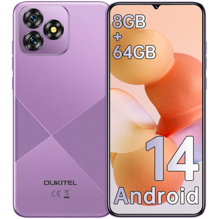 OUKITEL C53 Android 14 nutitelefon lukustamata - 8GB + 64GB/1TB mobiiltelefon ilma lepinguta, kaheksatuumaline 6,6" HD+ nutitelefon, 13MP + 5MP kaamera, 4300mAh mobiiltelefon, 4G kahe SIM-kaardiga lukustamata mobiiltelefonid, näotuvastus, GPS, lilla