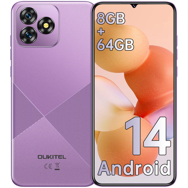 OUKITEL C53 Android 14 nutitelefon lukustamata - 8GB + 64GB/1TB mobiiltelefon ilma lepinguta, kaheksatuumaline 6,6" HD+ nutitelefon, 13MP + 5MP kaamera, 4300mAh mobiiltelefon, 4G kahe SIM-kaardiga lukustamata mobiiltelefonid, näotuvastus, GPS, lilla
