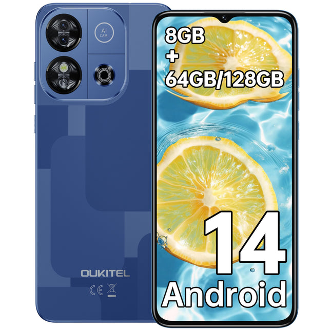 OUKITEL C57S Android 14 nutitelefon ilma lepinguta 4G - 8GB+64GB/128GB mobiiltelefon odav, kaheksatuumaline, 6,52-tolline HD+, 4300mAh mobiiltelefon ilma lepinguta, 4G kolmekordne SLM SIM-kaardivaba mobiiltelefon 2-aastane garantii - sinine