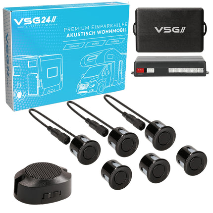 VSG24 Premium matkaauto parkimisabi järelpaigalduseks, PDC tagumised parkimisandurid pistiksüsteemiga hõlpsaks paigaldamiseks, akustiline kõlar - 6 tagurdusalarmi andurit, parkimisabi järelpaigalduskomplekt must