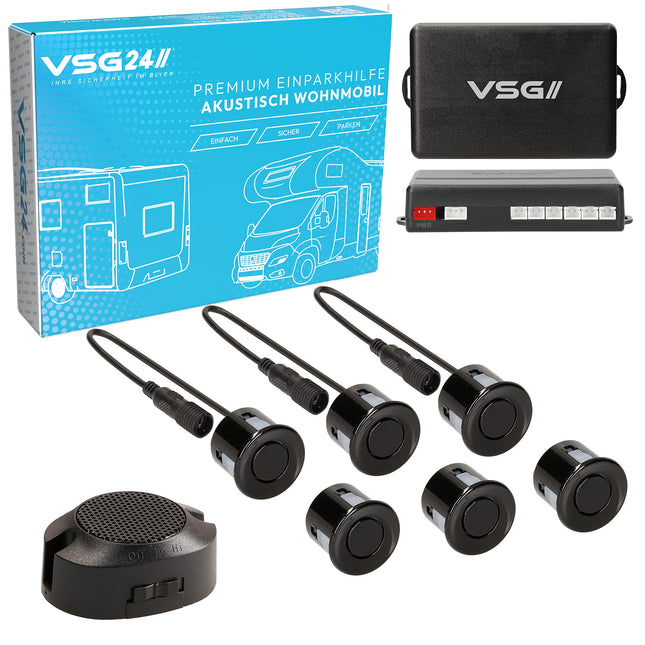 VSG24 Premium Motorhome Parking Aid for Retrofitting, PDC Rear Parking Sensors with Plug-in System for Easy Installation, Acoustic Speaker - 6 Reversing Alarm Sensors Parking Aid Retrofit Kit Black