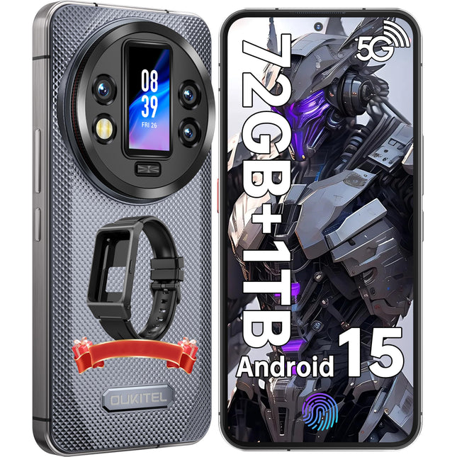 OUKITEL WP200 Pro 5G Outdoor Mobile Phone - Android 15 72GB+1TB Smartphone with SmartWatch, 6.7” AMOLED FHD+ 120 Hz Waterproof Unlocked, 8580mAh/45W, 108MP Camera, 5G Dual SIM/NFC/WiFi 6 - Gray