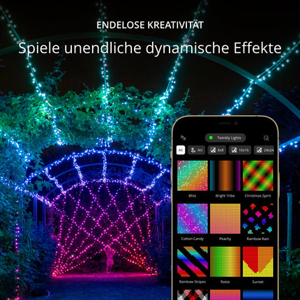 Twinkly Strings 600 LED RGB+ White, LED String Lights, Smart LEDs for Indoor and Outdoor Use, Compatible with Alexa and Google Home, IP44, App Control, Black Cable, 48m