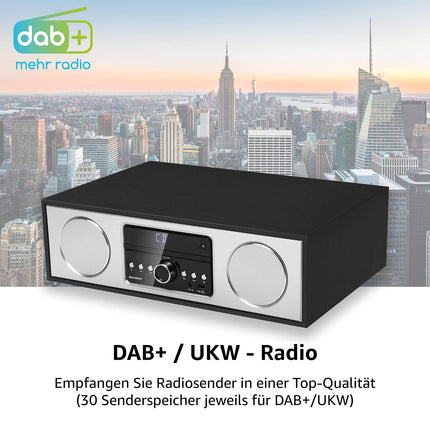 Karcher DAB 4500CD - Stereo digital radio (compact system with CD player, Bluetooth, FM/DAB+ radio, music system, USB, alarm clock, 30-watt speaker, remote control, elegant wooden case, black)