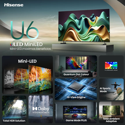 Hisense 50U6NQ 126 cm (50-tolline) 4K Mini LED ULED HDR nutiteler, 60Hz, HDMI 2.0, Game Mode Plus, Dolby Vision ja Atmos, Bluetooth, sisseehitatud Alexa, antratsiithall, [2024]