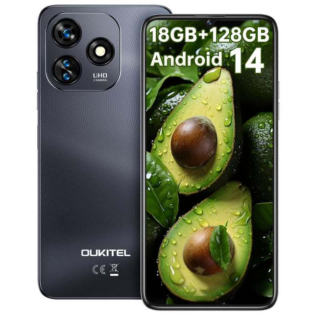 OUKITEL C51 lukustamata mobiiltelefon - 18 GB + 128 GB nutitelefon ilma lepinguta Android 14 6,8-tolline, 5150 mAh 13 MP + 5 MP kaamera, GPS, kahe SIM-kaardiga 4G SIM-vaba mobiiltelefon 90 Hz ekraan, must