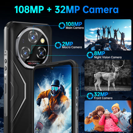 OUKITEL WP55 Android 15, lepinguta õuetelefon - 11000mAh õuenutitelefon 5G 36GB+256GB/2TB veekindel mobiiltelefon, 6,6" FHD+ ehitusplatsi telefon, 108MP+32MP kaamera, kahekordne 5G SIM/IP68/NFC/Face ID must