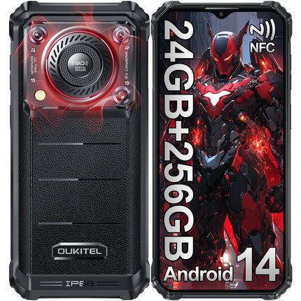 OUKITEL WP36 PRO outdoor mobile phone with 128dB speaker, 24GB+256GB 10600mAh outdoor smartphone without contract, Android 14 construction site phone, 6.52 inch display, 13MP+5MP, dual SIM 4G/IP68 mobile phone/NFC/GPS/OTG