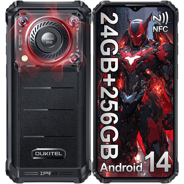 OUKITEL WP36 PRO outdoor mobile phone with 128dB speaker, 24GB+256GB 10600mAh outdoor smartphone without contract, Android 14 construction site phone, 6.52 inch display, 13MP+5MP, dual SIM 4G/IP68 mobile phone/NFC/GPS/OTG