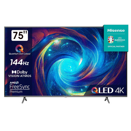 Hisense 75E7KQ PRO 189 cm (75-tolline) televiisor, 4K UHD, QLED, nutiteler, HDR, Dolby Vision IQ, 144Hz (VRR), HDMI 2.1, mängurežiim PRO, kolmekordne tuuner, sisseehitatud Alexa, Dolby Atmos, tumehall [2023]
