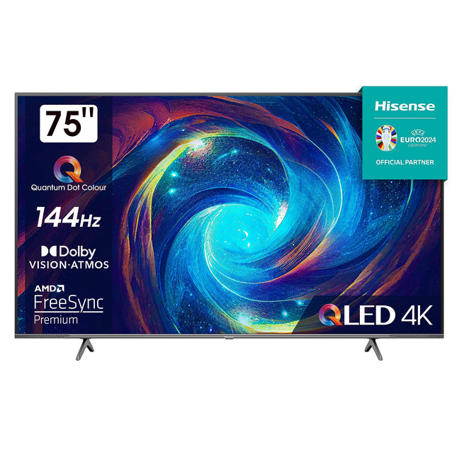 Hisense 75E7KQ PRO 189 cm (75-tolline) televiisor, 4K UHD, QLED, nutiteler, HDR, Dolby Vision IQ, 144Hz (VRR), HDMI 2.1, mängurežiim PRO, kolmekordne tuuner, sisseehitatud Alexa, Dolby Atmos, tumehall [2023]